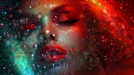 Obraz premium A woman stands before a window, eyes closed, as raindrops cascade onto her face