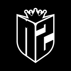 MZ Letter bold monogram with shield shape and crown inside shield black and white color design