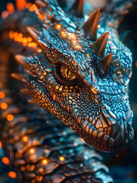 Majestic Dragon Merging with Holographic Displays Showcasing Intricate Metallic Scales and Glowing Eyes