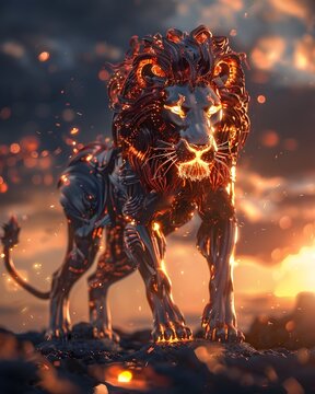 Majestic Metallic Lion Under Fiery Sunset in 3D Masterpiece