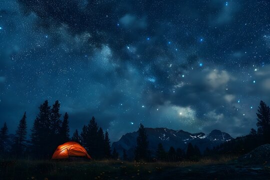 Lone Camper s Silhouette Under a Starlit Sky in Surreal Wilderness Landscape