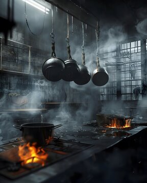 Ominous Metallic Utensils Hover Above Chaotic Dystopian Kitchen Scene