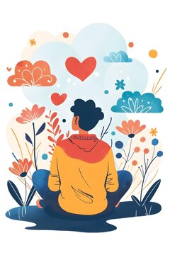 Woman Engaging with Grief Therapy App Surrounded by Calming Floral and Nature Imagery