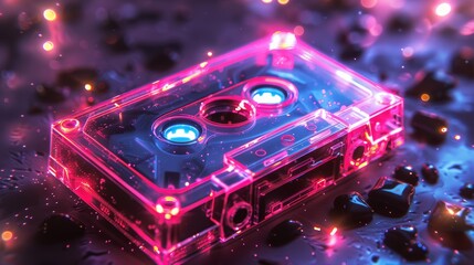 Glowing neon cassette tape for a retro music theme