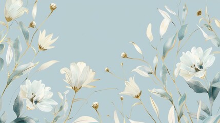 Daisies floral, luxury botanical on light blue background vector, empty space in the middle to leave room for text or logo, gold line wallpaper, leaves, flower, foliage, hand drawn