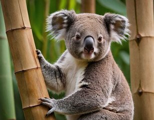 Animal australiano, koala beb&eacute; sobre ramas de bamb&uacute; en su habitad natural