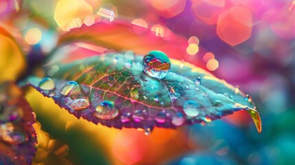 Fototapeta premium Macro shot of a raindrop on a leaf creating a colorful kaleidoscope effect of the surrounding foliage