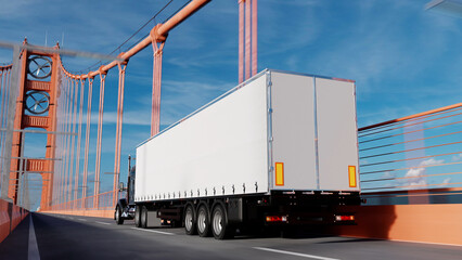 American style truck on freeway pulling load. Transportation theme. 3D illustration