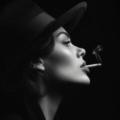 Fototapeta premium Portrait of a Woman with a Cigar | Black and White Woman Smoking | Woman in Black Hat Smoking