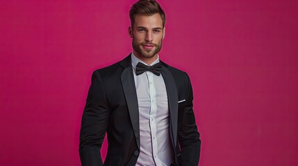 Male fitness model in a formal black tuxedo with a bow tie, isolated on a magenta background