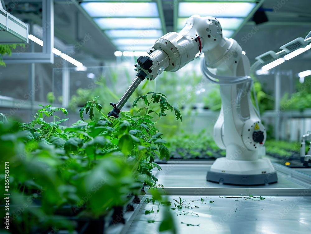 Poster robotic arm performing automated tasks such as pruning and watering in a sterile, high-tech lab envi