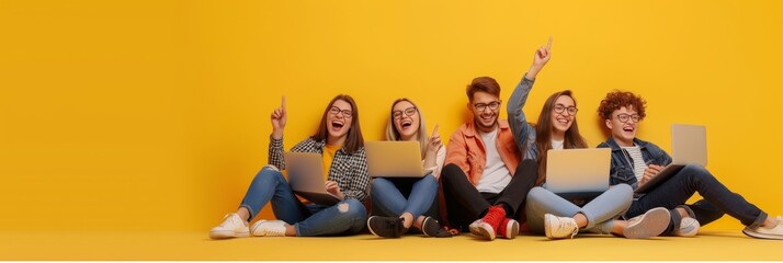 A diverse group of young adults celebrates success with laptops on a bright yellow backdrop, showcasing teamwork in the digital age. The scene radiates happiness and modern youth culture energy - Powered by Adobe