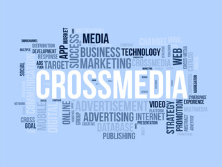 Crossmedia word cloud template. Campaign promotion concept vector tagcloud background.