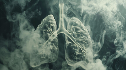 Illustration of toxic fumes in the lungs Conceptual image of smoke entering the lungs Campaign to quit smoking or living in polluted areas, lung cancer.