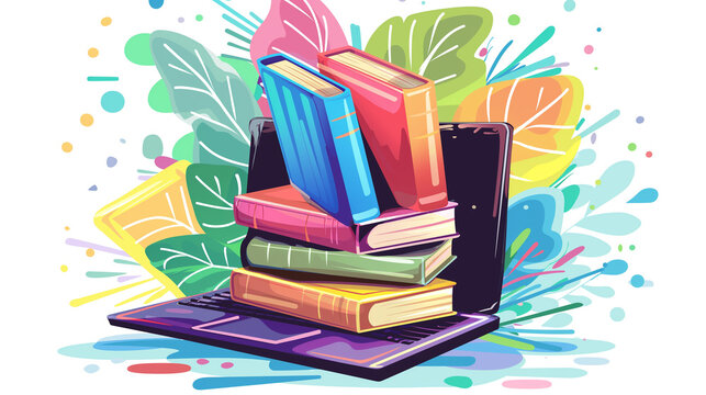 Stack of books and laptops Online education concept vector illustration, no text Computer books.