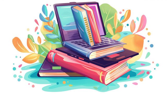 Stack of books and laptops Online education concept vector illustration, no text Computer books.