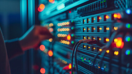 Naklejka premium Hand holding the network cable connected to the server. To connect the Lan port in the Datacenter room, communication connection technology concept