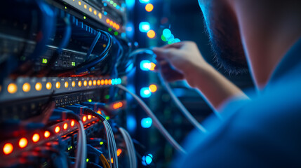 Hand holding the network cable connected to the server. To connect the Lan port in the Datacenter room, communication connection technology concept