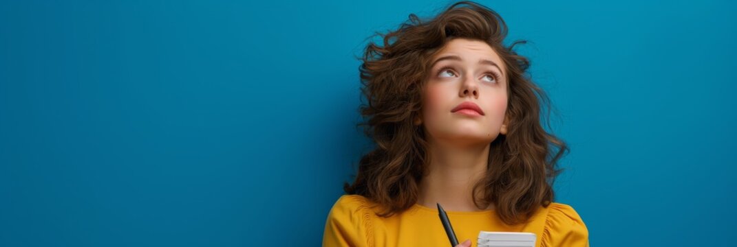 A woman with wavy hair in a yellow sweater on a blue background appears deeply focused, holding a notebook and pencil, displaying concentration and creativity in her contemplation