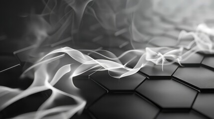 White smoke elegantly glides over a hexagonal black pattern, minimalist elegance.