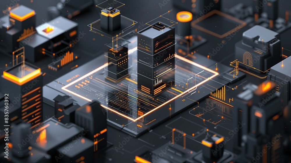 Poster Futuristic interface for real estate, showing data visualizations of buildings and graphs on black background.