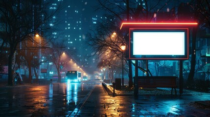 City nightlife with a blank illuminated billboard at a bus stop