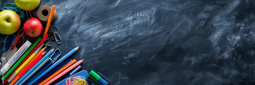 Poster prepare for back to school with a vibrant assortment of supplies on a chalkboard for a creative clas