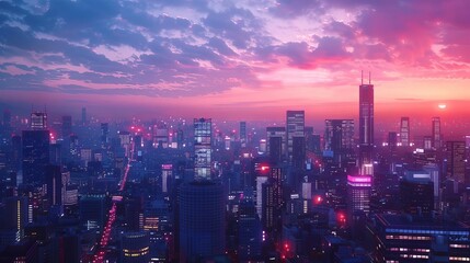 Obraz premium Panoramic view of a vibrant cityscape at dusk