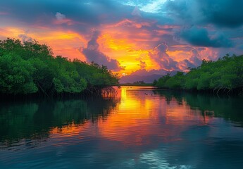 As the sun dips low, hues of orange and pink dance across the sky, mirrored in the tranquil waters, amidst the lush greenery of the mangrove forest.