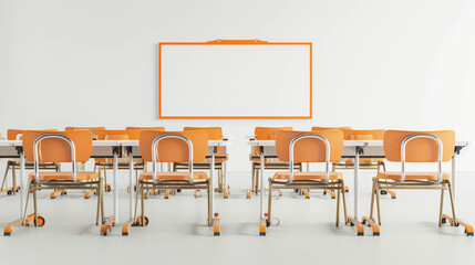 Student desks and whiteboard isolated