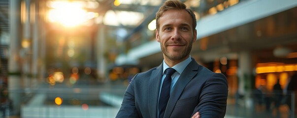 Fototapeta premium Cheerful businessman in a suit standing in a modern business environment