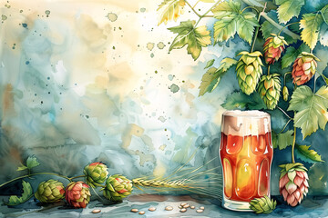 beer glass with hop background, watercolor illustration with copy space