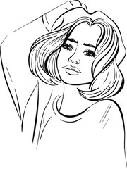 Cute vector illustration Beautiful french girl. Young dreamy woman. For postcard, invitation, poster, cover. Black silhouette for circuit