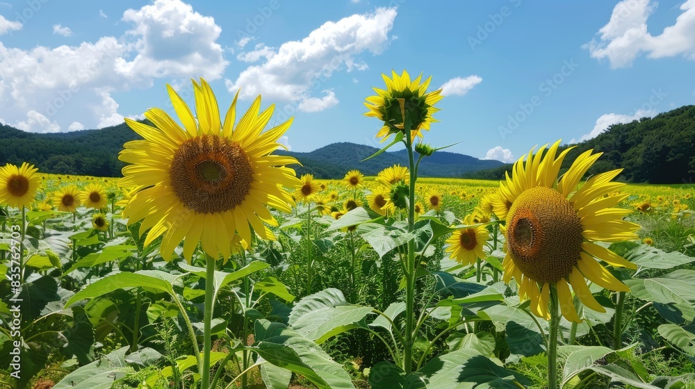 Sticker Sunny day in a sunflower field