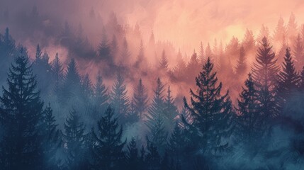 Misty scenery with pine trees