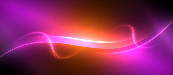 Neon glowing circle rays, light round lines in the dark, planet style neon wave lines. Energetic electric concept design for wallpaper, banner, background