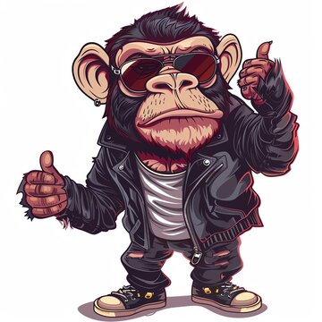 Cool chimpanzee in sunglasses and leather jacket giving thumbs up.
