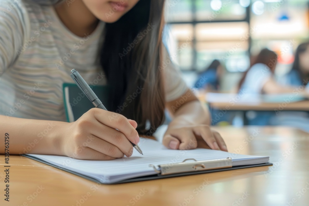 Poster A dedicated young student is focused on studying and writing in a notebook, either in a library or classroom, committed to academic pursuits and demonstrating concentration and determination