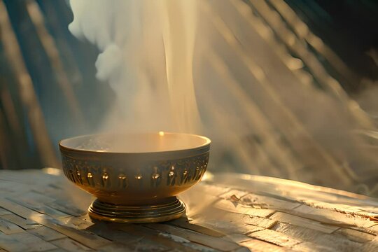 Incense Burning, Traditional Aroma Incense Smoke, Arabian Bakhoor Burning in a Ray of Light, Copy Space, Generative AI Illustration
