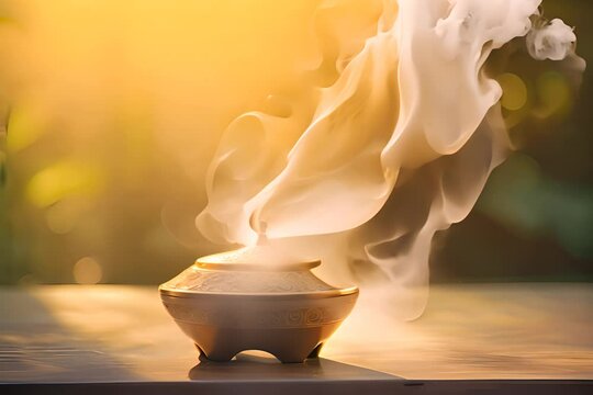 Incense Burning, Traditional Aroma Incense Smoke, Arabian Bakhoor Burning in a Ray of Light, Copy Space, Generative AI Illustration