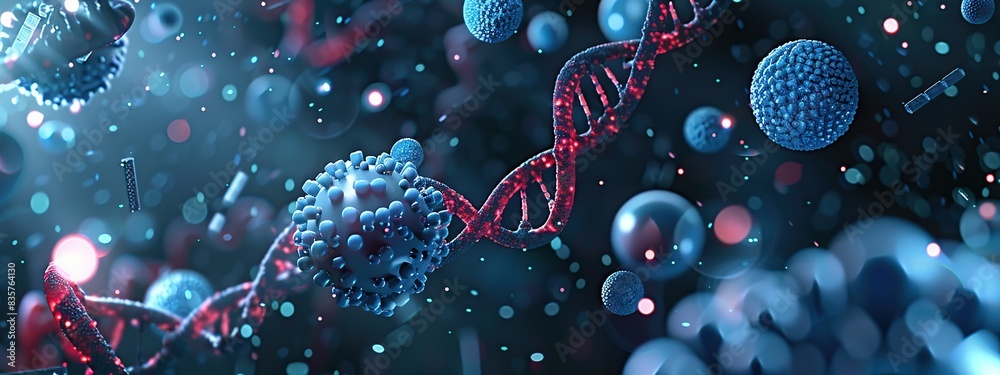 Poster spiral of blue dna double helix with light bokeh and bubble on beautiful blue background.