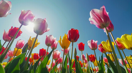 field of tulips under a clear blue sky