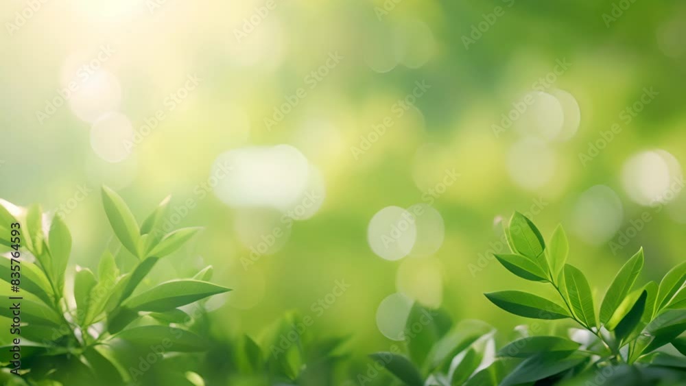 Poster A soft blur abstract background with blurred light bokeh and blurred green leaves.