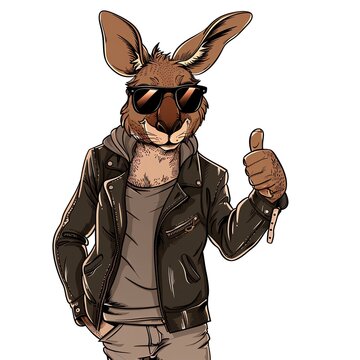 Cool kangaroo wearing sunglasses and leather jacket giving thumbs up