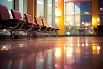 A waiting room shot with bokeh lights reflecting off a polished floor.