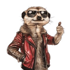 Cool meerkat wearing sunglasses and a leather jacket, giving a thumbs up.