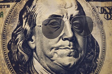 Fun and Creative Image of Benjamin Franklin Wearing Sunglasses on a US Dollar Bill for Trendy Financial Concepts