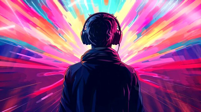 A man wearing headphones with colorful music background. Anime or digital painting style, looping 4k video animation background