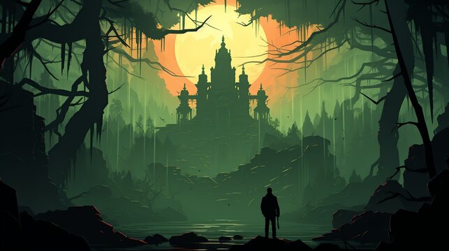 Among the ruins of an ancient temple in a dense jungle, the businessman examines cryptic symbols on the walls while a demon lurks in the shadows behind him. Painting Illustration style, Minimal and