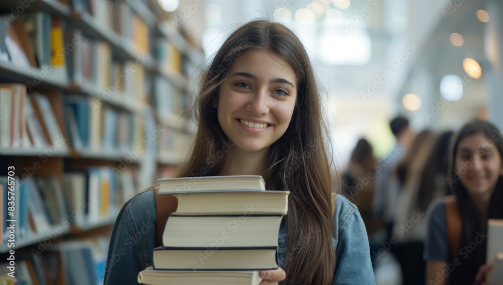 Poster a young woman is smiling while holding a stack of books in a library. she looks focused on education